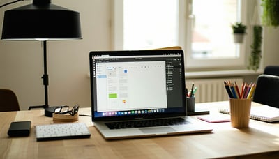 A creative workspace with a laptop and coffee, symbolizing work-from-home success